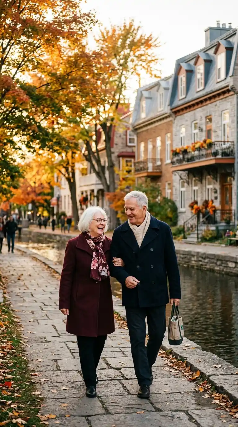 A couple walking together through autumn colours in a Canadian neighbourhood
