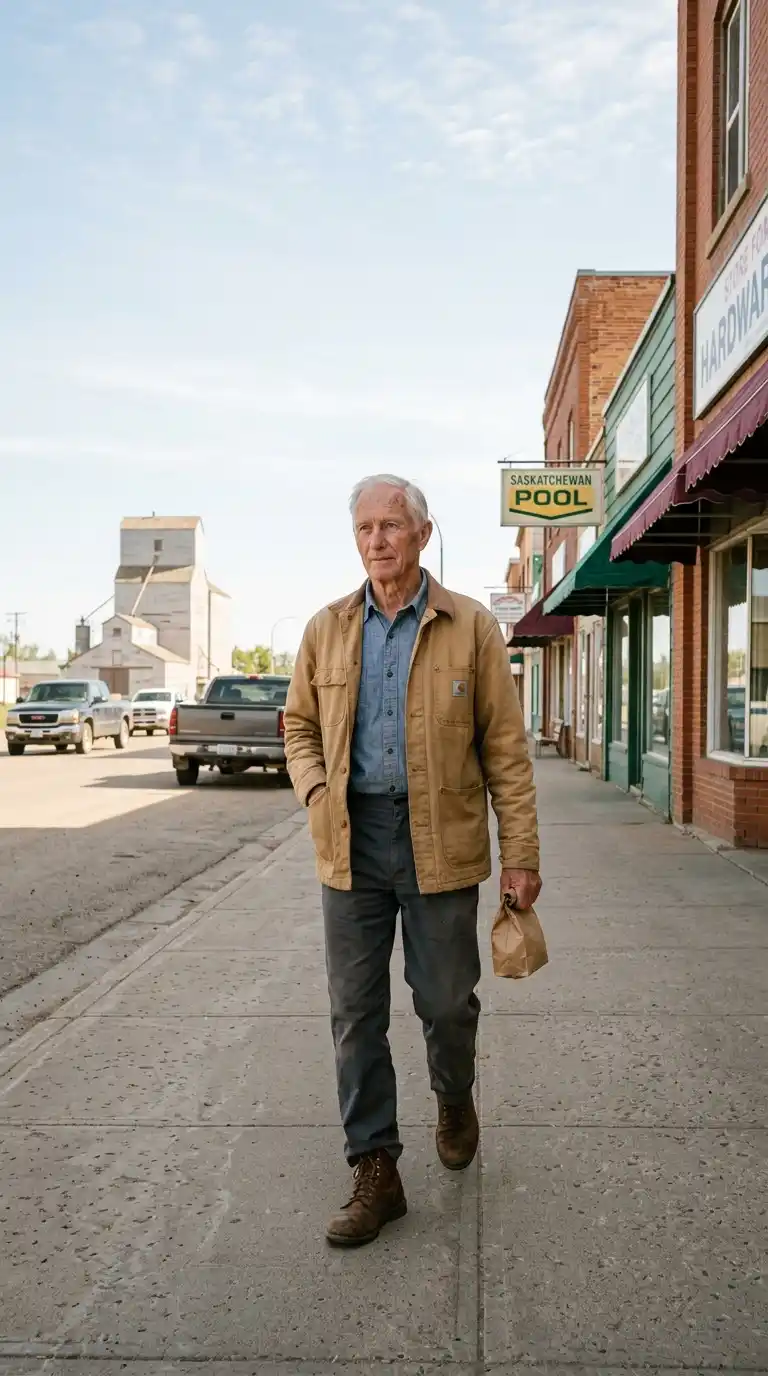 A man walking a prairie town sidewalk on a clear day