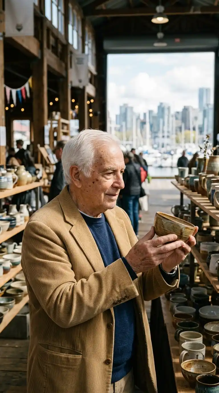 A man browsing a public market while wearing his Holo Alert device
