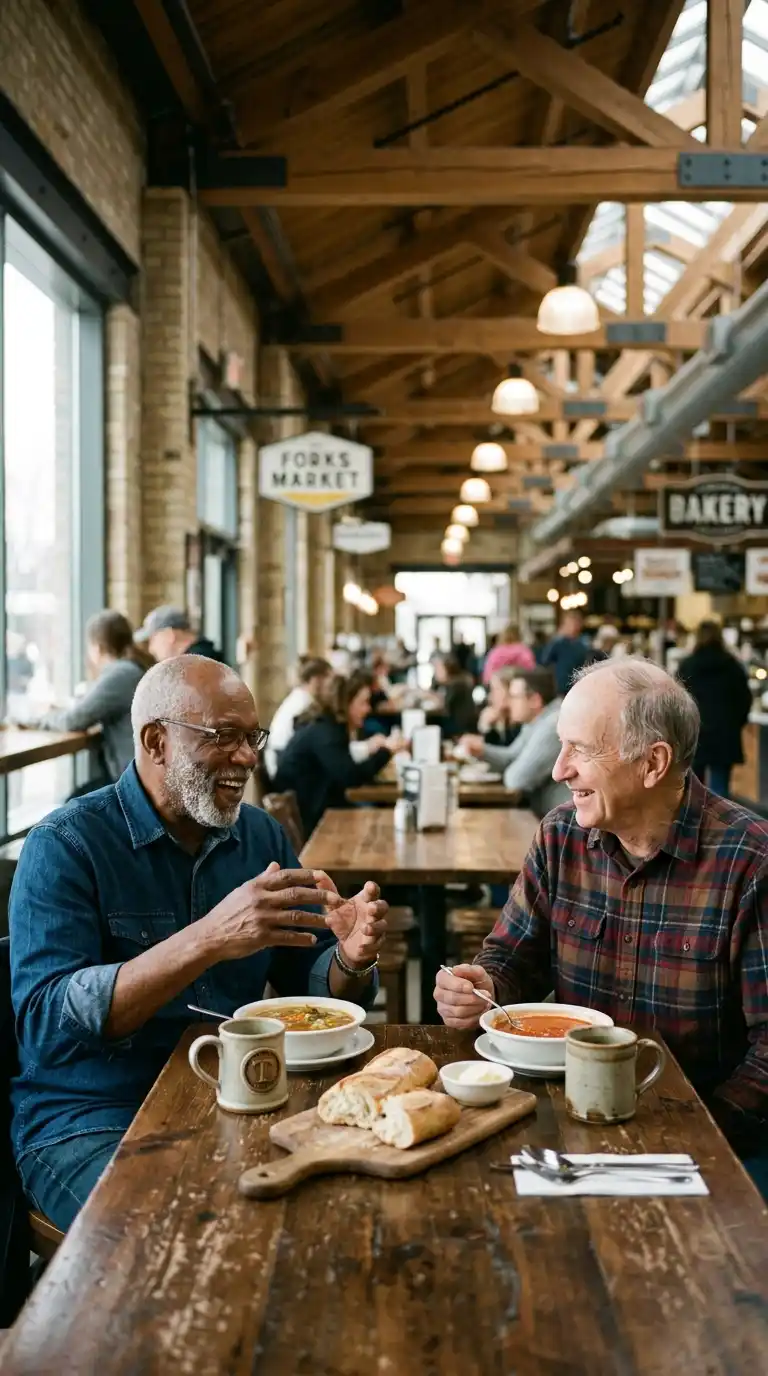 Two friends sharing lunch at The Forks in Winnipeg