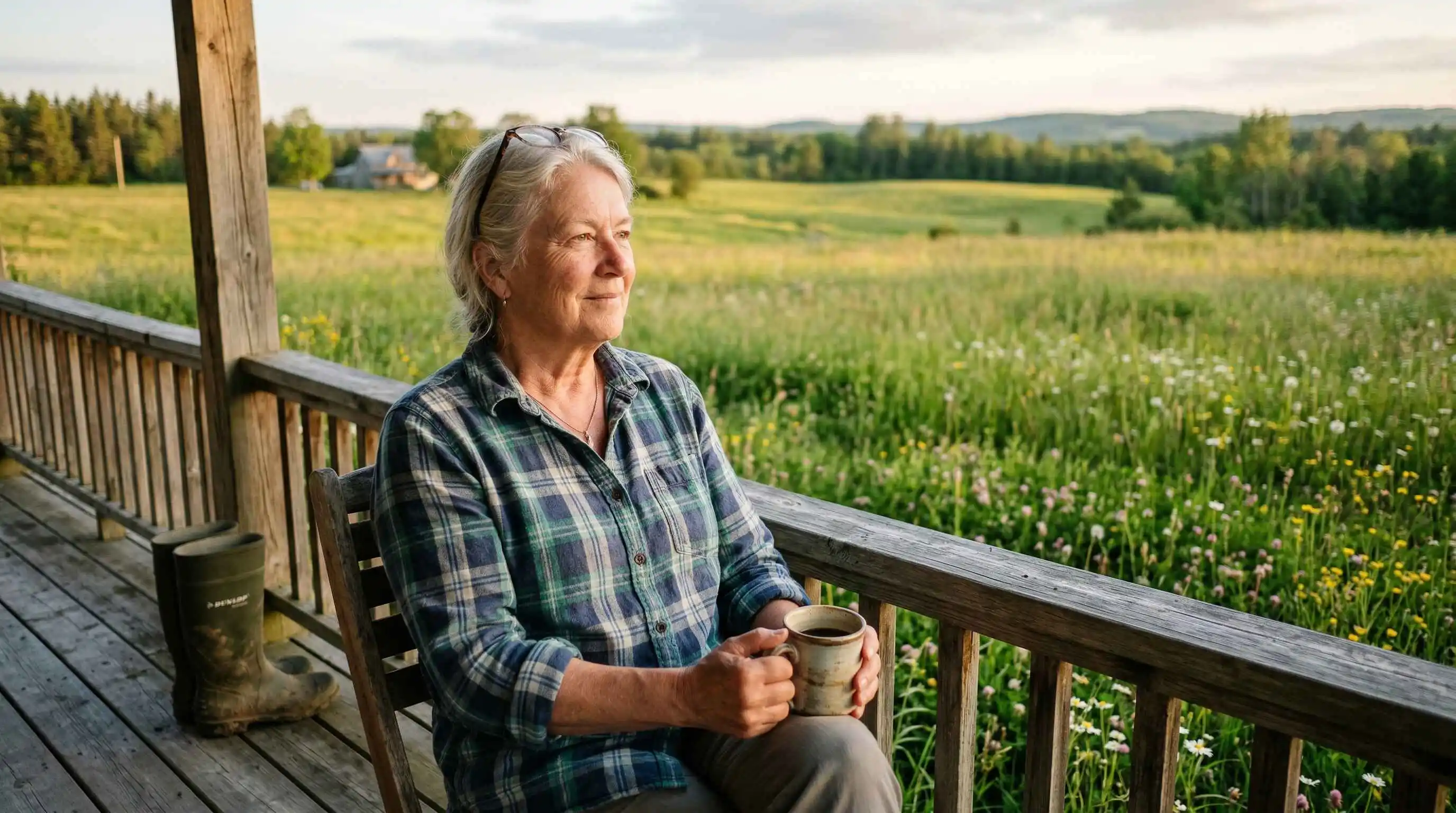 A woman enjoying coffee on a rural porch overlooking green fields