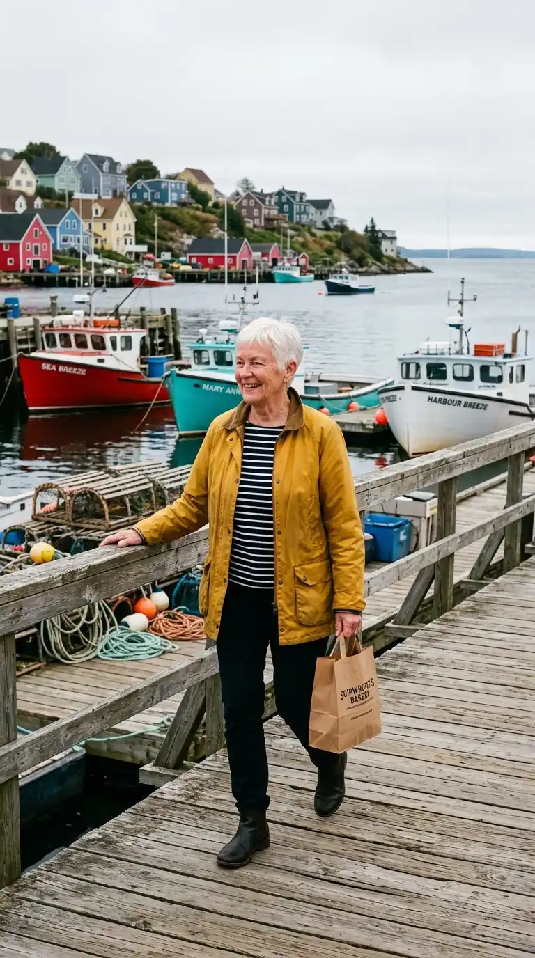 A woman fishing from a harbour dock on the Atlantic coast