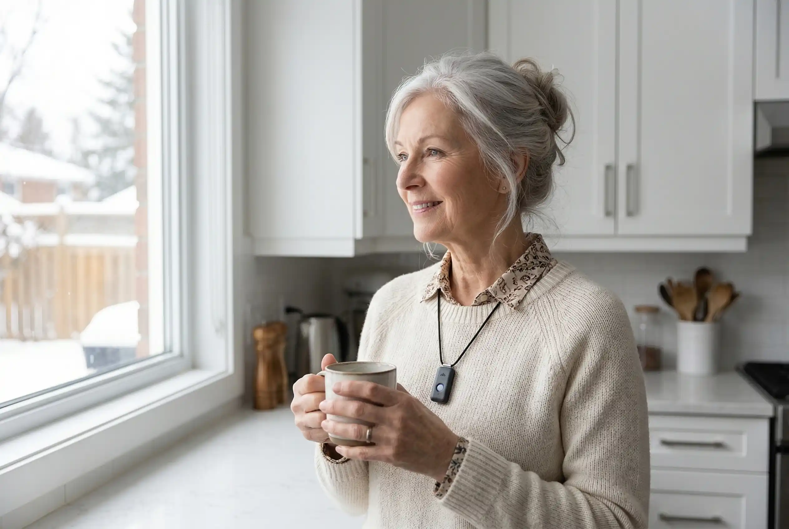 A woman starting her morning at home while wearing her Holo Alert pendant