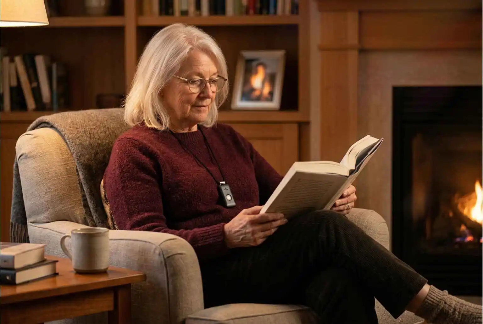 A woman reading comfortably at home while wearing her Holo Alert pendant