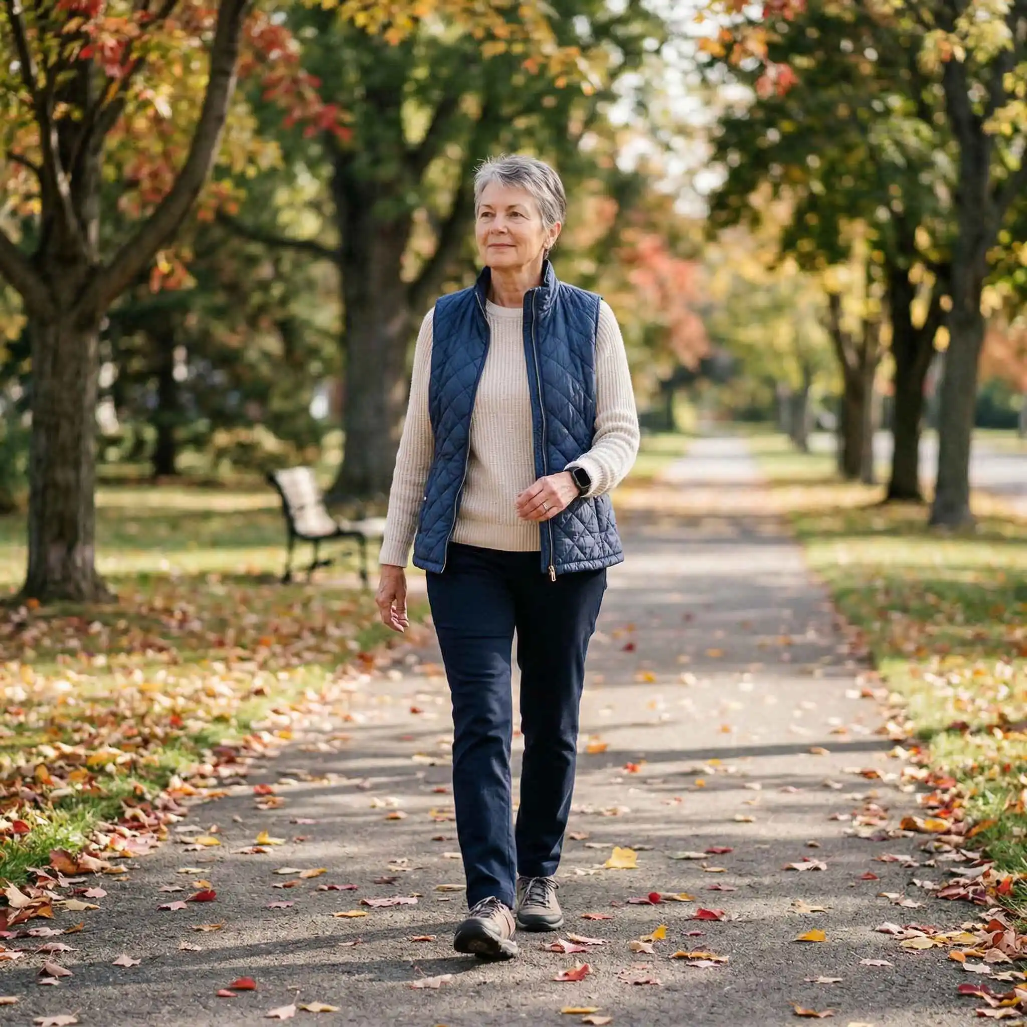 A woman walking confidently along a tree-lined autumn path